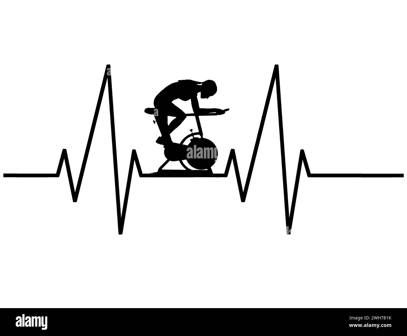 Eine Frau auf einem Heimtrainer im Fitnessstudio arbeitet auf einem Hintergrund eines EKG-Diagramms in dieser Illustration über Gesundheit und Herzgesundheit. Stockfoto