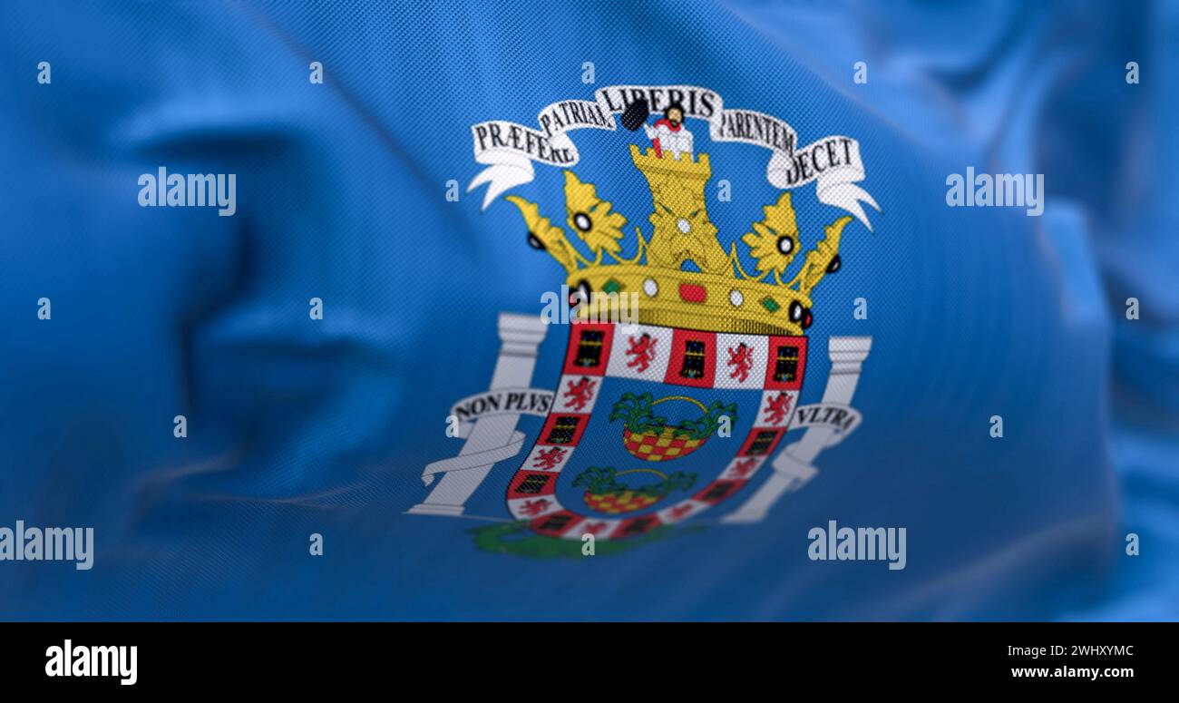 Nahaufnahme der Melilla-Flagge, die im Wind winkt Stockfoto