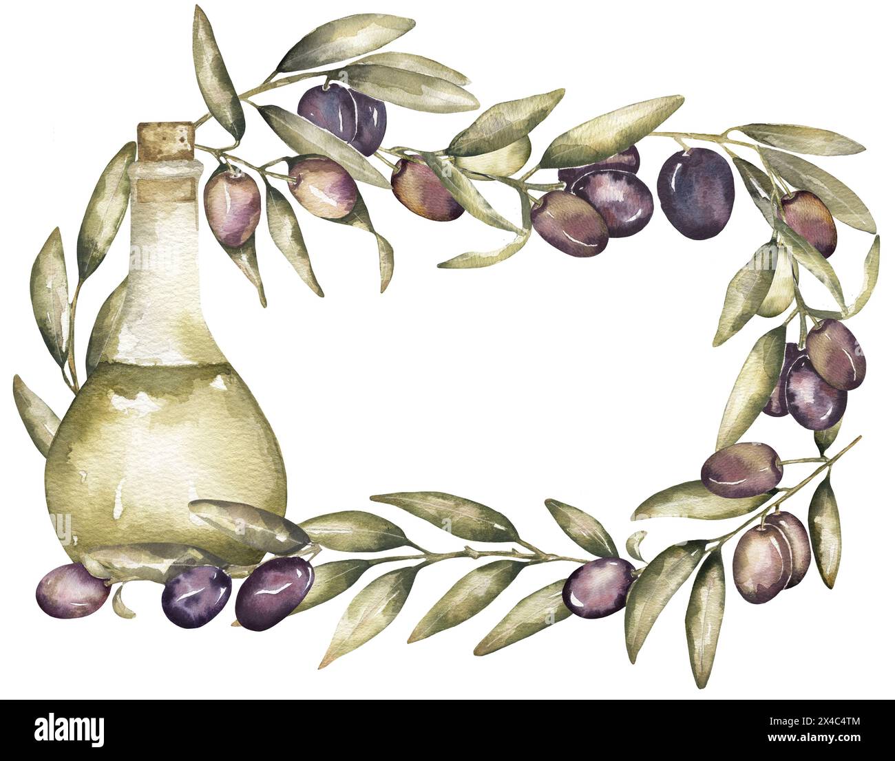 Aquarellrahmen mit grünen Oliven, Ölflasche Clipart. Isolierte handgezeichnete botanische Illustration. Kann für Karten, Embleme, Logos und foo verwendet werden Stockfoto