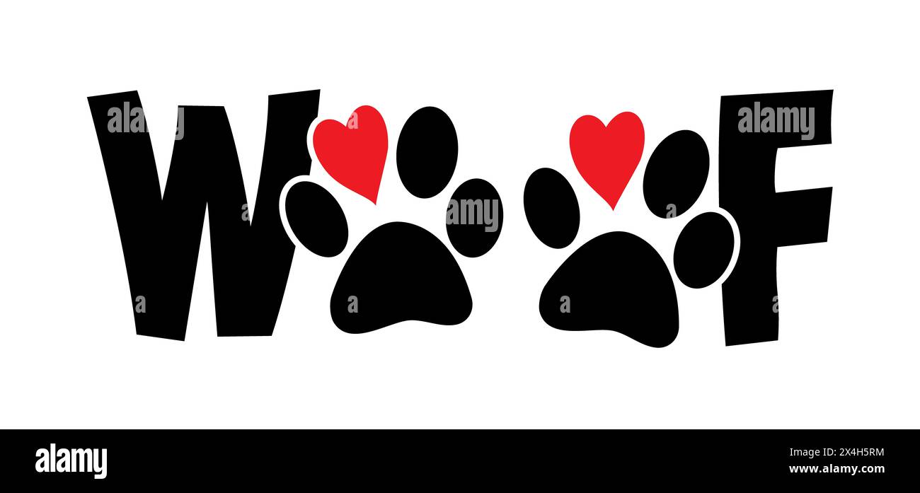 Der Slogan woof and Pfow with love, Hearts. ich liebe meinen Hund. Tag der Tiere. Fußstapfen des Zeichentrickers. Piktogramm oder Symbol für Vektorfußabdrücke. Liebe, Herzsymbol oder l Stockfoto