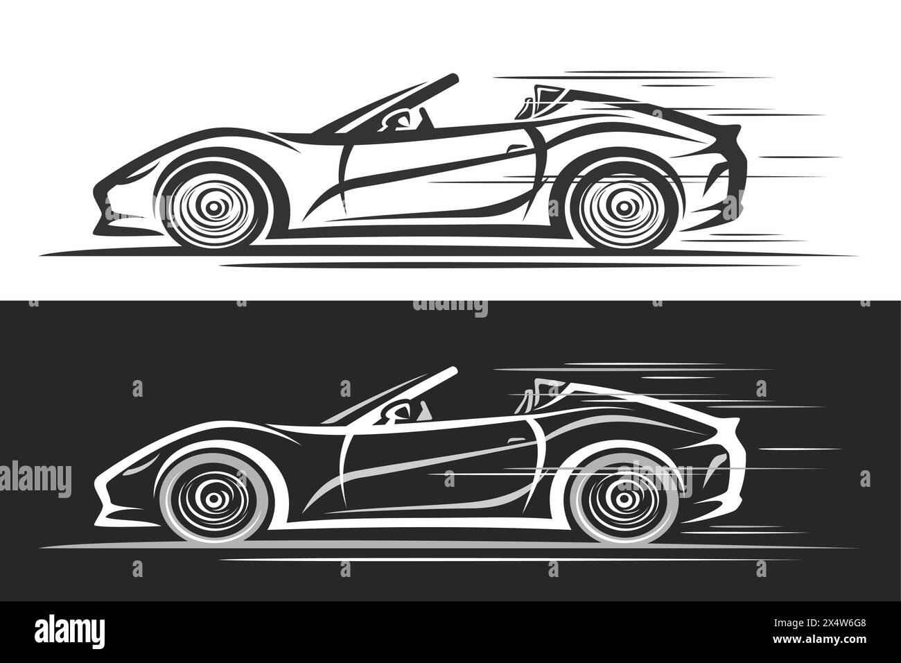 Vektor-Logo für Sportwagen, horizontales Automobil-Banner mit einfacher Konturillustration des monochromen Konzeptfahrzeugs mit offenem Dach in Bewegung, dekorativ Stock Vektor