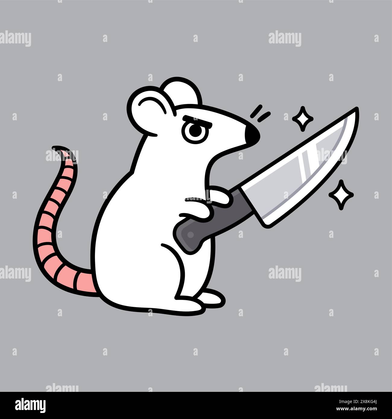 Lustige weiße Ratte mit einem Messer. Comic-Humor-Vektor-Illustration. Stock Vektor