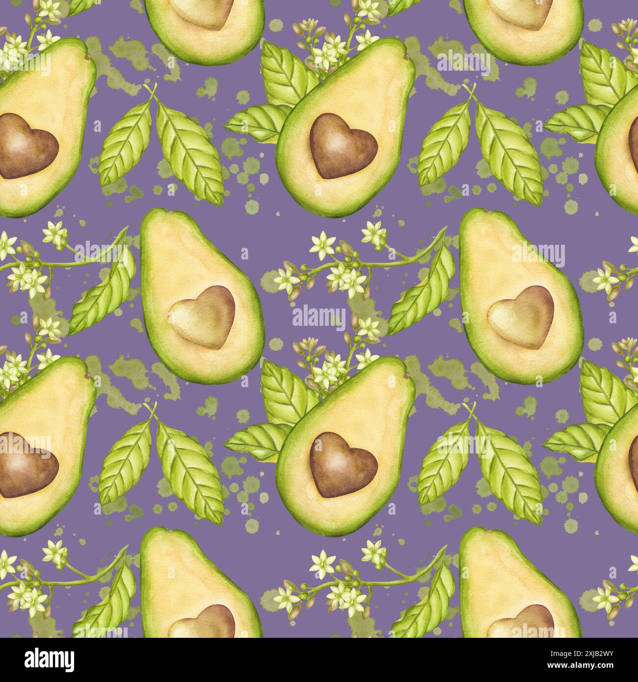 Nahtloses Avocado-Muster, Fruchthälfte mit Samen herzförmig, grüne Blätter, Blumen. Pflanzlicher botanischer Clipart. Vegane diätetische Lebensmittelmalerei. Hand Stockfoto