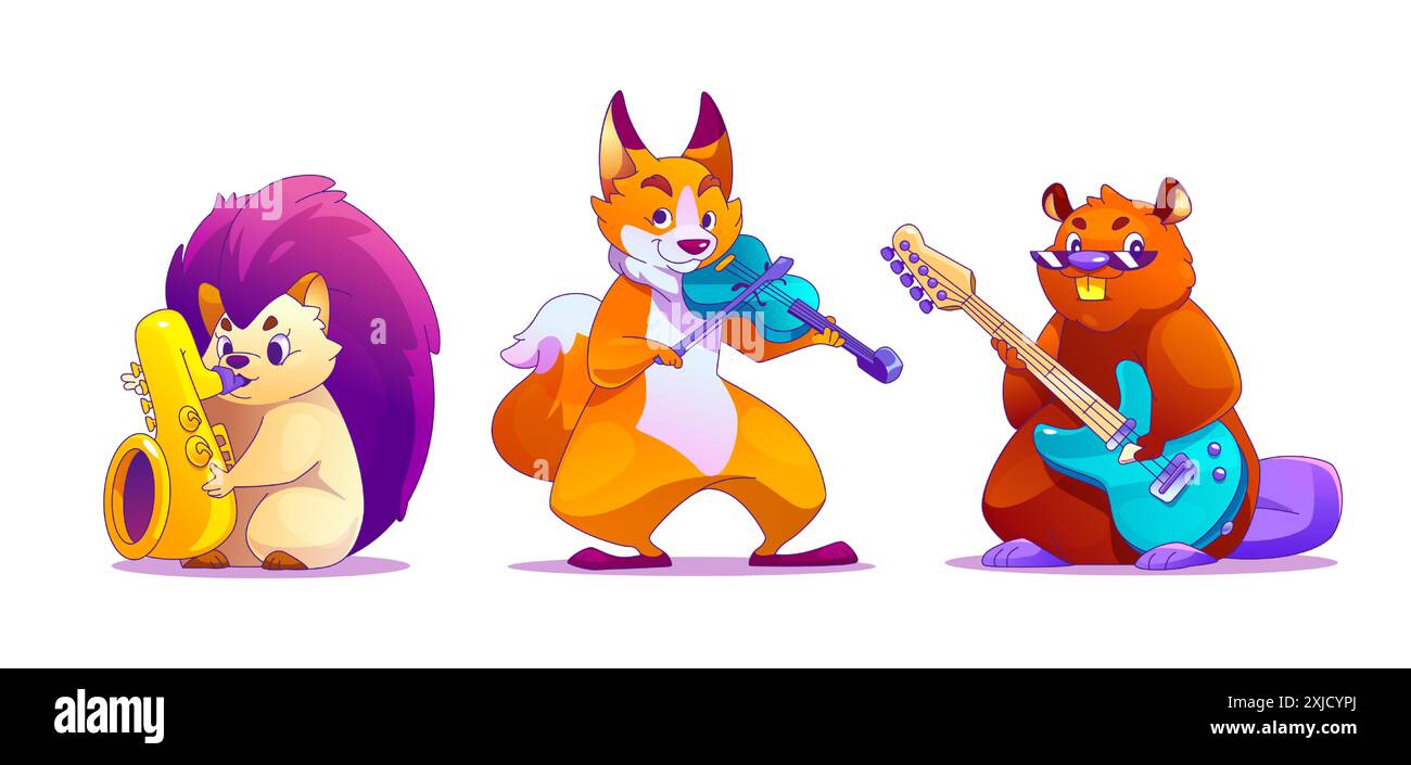 Niedliche Tierfigur spielt in Band auf Musikinstrument Karikaturillustration. Kinderparty mit Fuchs und Violine, Biber und Gitarre, Igel spielt Saxophon, isoliertes Set. Jazz-Aufführungs-Orchester Stock Vektor