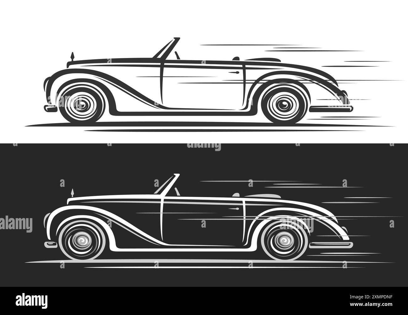 Vektor-Logo für Vintage Cabriolet Auto, Automobil-Banner mit Clip-Art-Illustration des Cabriolet Konzeptfahrzeugs in Bewegung, Line-Art läuft monochrom Stock Vektor