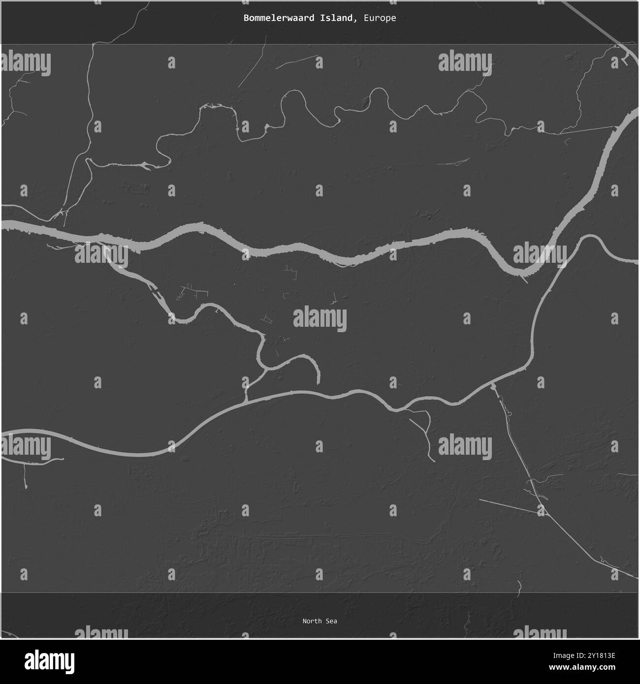 Bommelerwaard Island in der Nordsee, die zu den Niederlanden gehört, wurde auf einer zweistufigen Höhenkarte quadratisch geschnitten Stockfoto