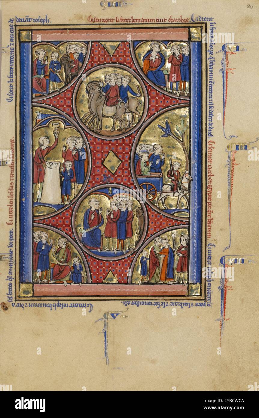 Szenen aus dem Leben Josefs; Wenzel Psalter, um 1250–1260. Zusätzliche Informationen: Die Szenen auf dieser Seite führen die Geschichte von Joseph und seinen Brüdern in Ägypten fort, die auf der Titelseite begonnen wurde. Der Patriarch Joseph, der von seinen Brüdern in die Sklaverei verkauft wurde, hat sich in Ägypten zu einer Machtposition erhoben. Zunächst unerkannt von seinen Brüdern schickt Joseph sie, um ihren älteren Vater Jakob zu holen, der dann die Reise nach Ägypten macht. Die Wiedervereinigung zwischen Jakob und seinem Sohn Joseph, die im Rundlauf rechts unten abgebildet ist, vervollständigt die Geschichte. Unterteilt in kreisförmige Abschnitte mit poliertem Goldhintergrund, Stockfoto