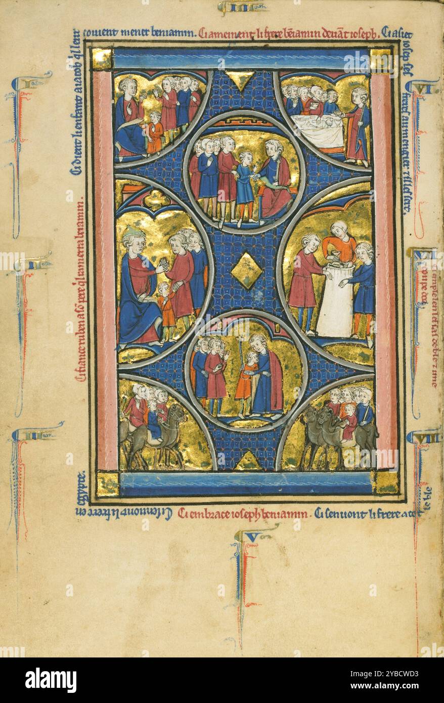 Szenen aus dem Leben von Jakob und Joseph; Wenzelaus Psalter, um 1250–1260. Zusätzliche Informationen: Die acht Szenen in dieser ganzseitigen Miniatur stammen aus dem Leben der alttestamentlichen Patriarchen Jakob und Joseph; sie erzählen die Geschichte der Genesis von Jakobs Söhnen, die zum Kauf von Proviant nach Ägypten reisten. Die Erzählung beginnt oben links und geht an der linken Seite der Miniatur entlang, dann in der Mitte und schließlich auf der rechten Seite. Eine Nummer und eine Bildunterschrift auf Französisch begleiten jede Szene. Der Titel für die erste Szene lautet beispielsweise: CI dient li enfant a Iacob q[u]il leur covient Stockfoto