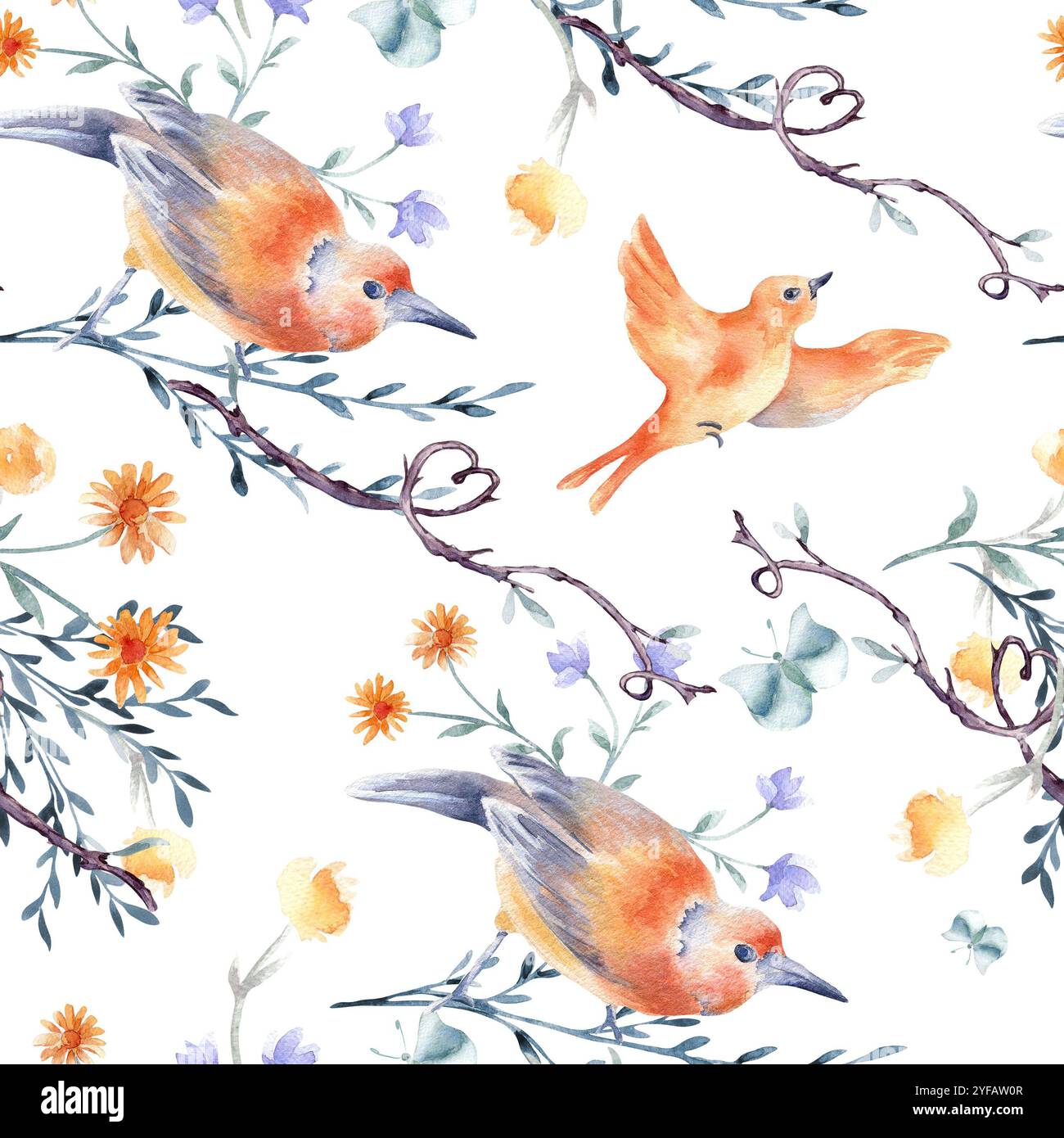 Vögel, Schmetterling und Zweige mit Herzen handgezeichnet Aquarell nahtlose Muster isoliert. Textil im Vogelmotiv mit Blumenmuster in orange-blauen Farben. Vogelskizze Stockfoto