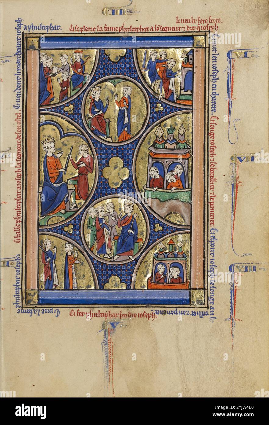 Szenen aus dem Leben Josefs; Wenzel Psalter, um 1250–1260. Zusätzliche Informationen: Die Szenen auf dieser Seite führen die Geschichte des jüdischen Patriarchen Joseph fort, die auf der Titelseite begonnen wurde. Beginnend in der oberen linken Ecke kauft der ägyptische Kapitän Potiphar den Jungen Joseph, der so in die Sklaverei verkauft wird. Im oberen Rundgang der zentralen Säule überzeugt Potiphars Frau ihren Mann, dass Joseph ihr unangemessene Vorstöße machte; unten befahl Potiphar, Joseph zu verhaften. In der rechten Spalte endet die Sequenz damit, dass Joseph ins Gefängnis gebracht wird, wo er die Träume jener W interpretiert Stockfoto