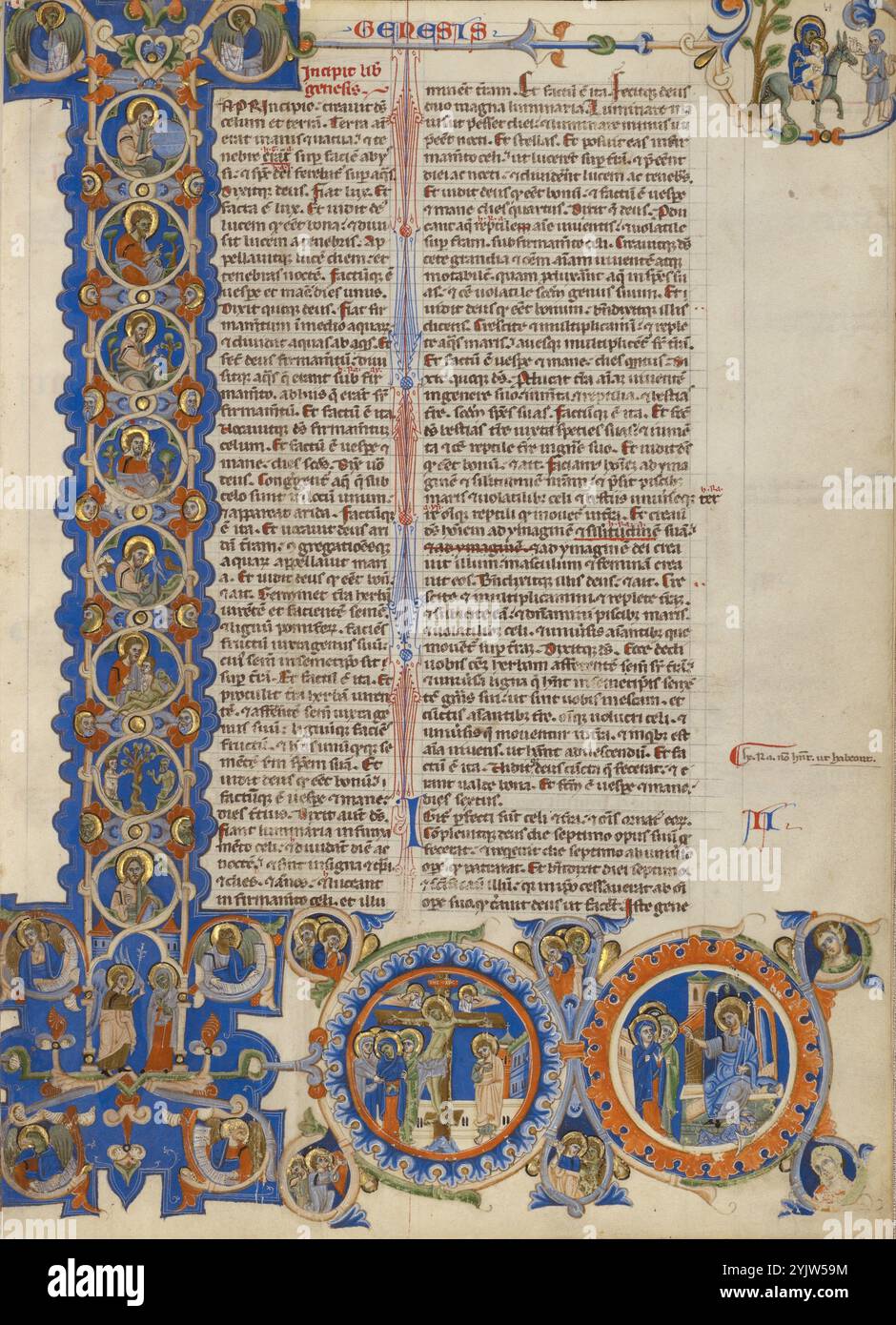 Initial I: Szenen der Schöpfung der Welt und des Lebens Christi; Abteibibel, um 1250–1262. Zusätzliche Info: Eine hoch aufragende Initiale eröffne ich das Buch Genesis und verkünde: "Am Anfang schuf Gott die Himmel und die Erde." Diese beiden Seiten dienen als dramatischer Anfang für die heiligen Schriften. In den vertikalen Balken des Buchstaben I in der Mitte der beiden Seiten eingebettete Rundungen beschreiben die Geschichte der Schöpfung und kreuzen sich mit Szenen aus dem Leben Christi, die sich über den unteren Rand erstrecken. Diese enge visuelle Verbindung zwischen dem Alten und dem Neuen Testament unterstreicht Christi r Stockfoto