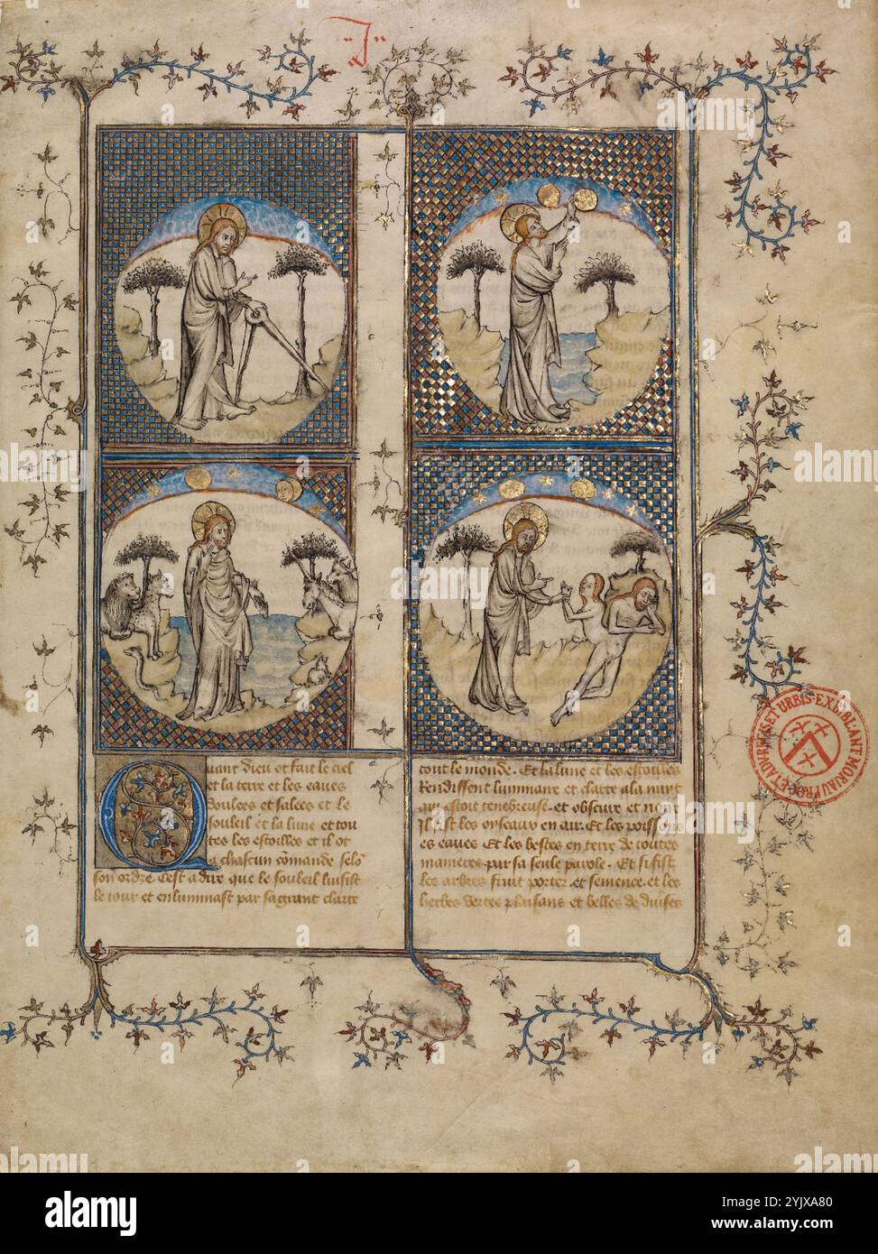 Blätter aus Histoire ancienne jusqu'&#xe0; C&#xe9;sar, ca. 1390-1400. Zusätzliche Informationen: Eine mittelalterliche historische Sammlung, die auf der Bibel und den Werken klassischer Autoren basiert, sollte der französische Text der antiken Geschichte bis zur Regierungszeit Cäsars (Histoire ancienne jusqu'&#xe0; C&#xe9;sar) Laien die moralische Bedeutung historischer Ereignisse erklären. Ursprünglich als universelle Geschichte gedacht, die von der Erschaffung der Welt bis in die ersten Jahre der 1200er Jahre reicht, endet das nie vollendete Werk unter der Herrschaft Cäsars. Stockfoto