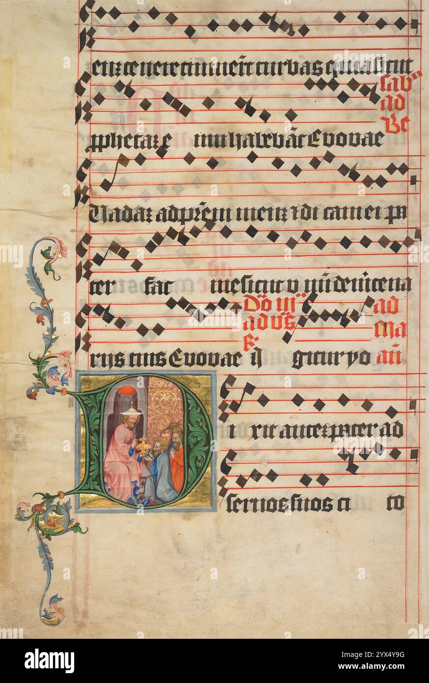 Initial D: Biblische Szene; Initial D: Melchisedek speist die Armeen Abrahams; Initial D: Der verlorene Sohn oder Joseph findet den Chalice, um 1405. Links bietet der Priester Melchisedek dem Patriarchen Abraham, der mit seiner Armee vor ihm kniet, ein goldenes Gefäß an. Nach einer biblischen Geschichte überreichte Melchisedek Abraham und seinen Mitarbeitern Brot und Wein, nachdem sie siegreich aus der Schlacht zurückgekehrt waren. Mittelalterliche Christen betrachteten dieses Ereignis als Vorläufer der Gabe von Brot und Wein bei der Messe, die Christi Opfer seines Leibes und Blutes symbolisiert. Die Opfer Stockfoto