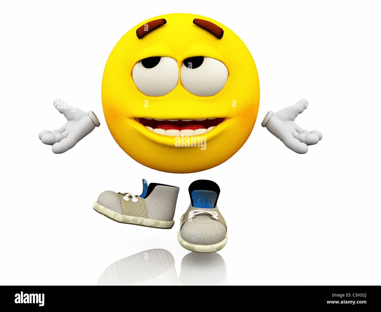 Smiley, Emoticons. Gesichtsausdruck. Augenrollen emotionalen Ausdruck auf ein gelbes Gesicht mit großen Augen mit glücklich Schuhe. Stockfoto