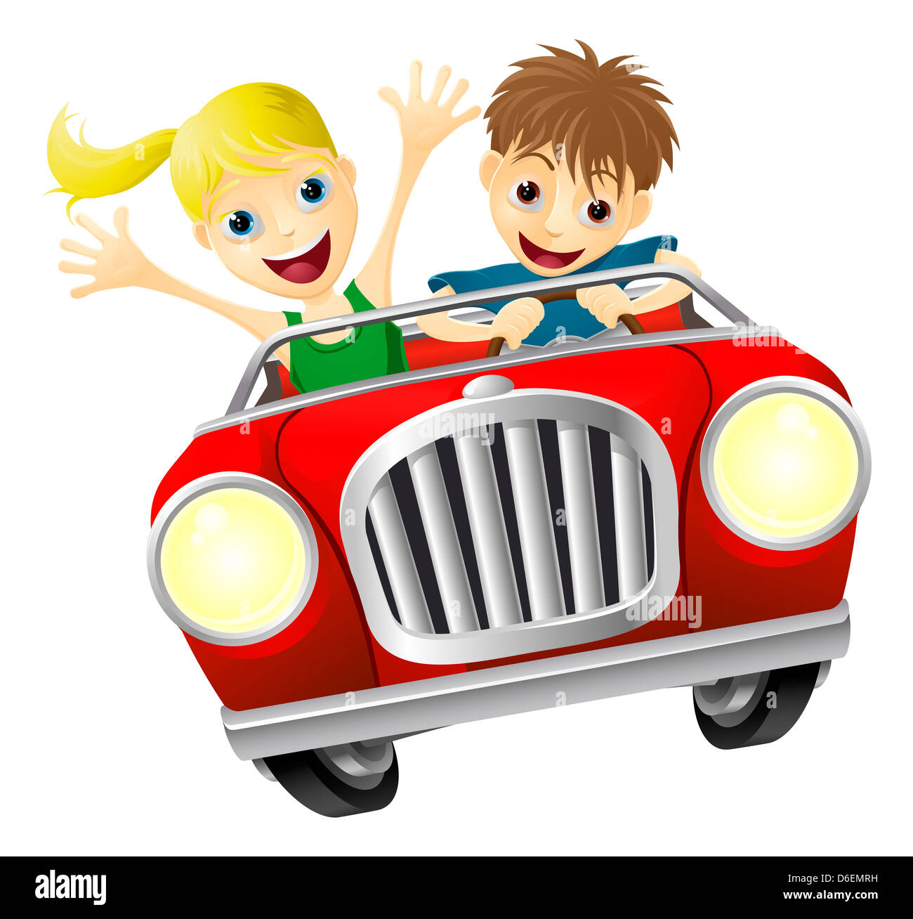 Cartoon junge Mann und Frau, die Spaß beim Fahren eines roten Cabrio Autos Stockfoto