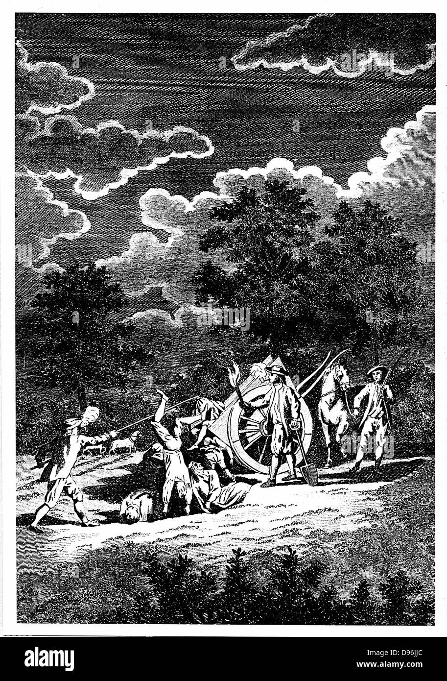 Die Beerdigung der Opfer der Pest von London (1665) in der Nacht in mehrere Gräber. Zwei der Männer sind Tabakpfeifen, teilweise Gestank von Leichen zu bekämpfen, zum Teil in der Hoffnung, dass Tabakrauch sie daran hindern würde, infiziert zu werden. Kupferstich. Stockfoto