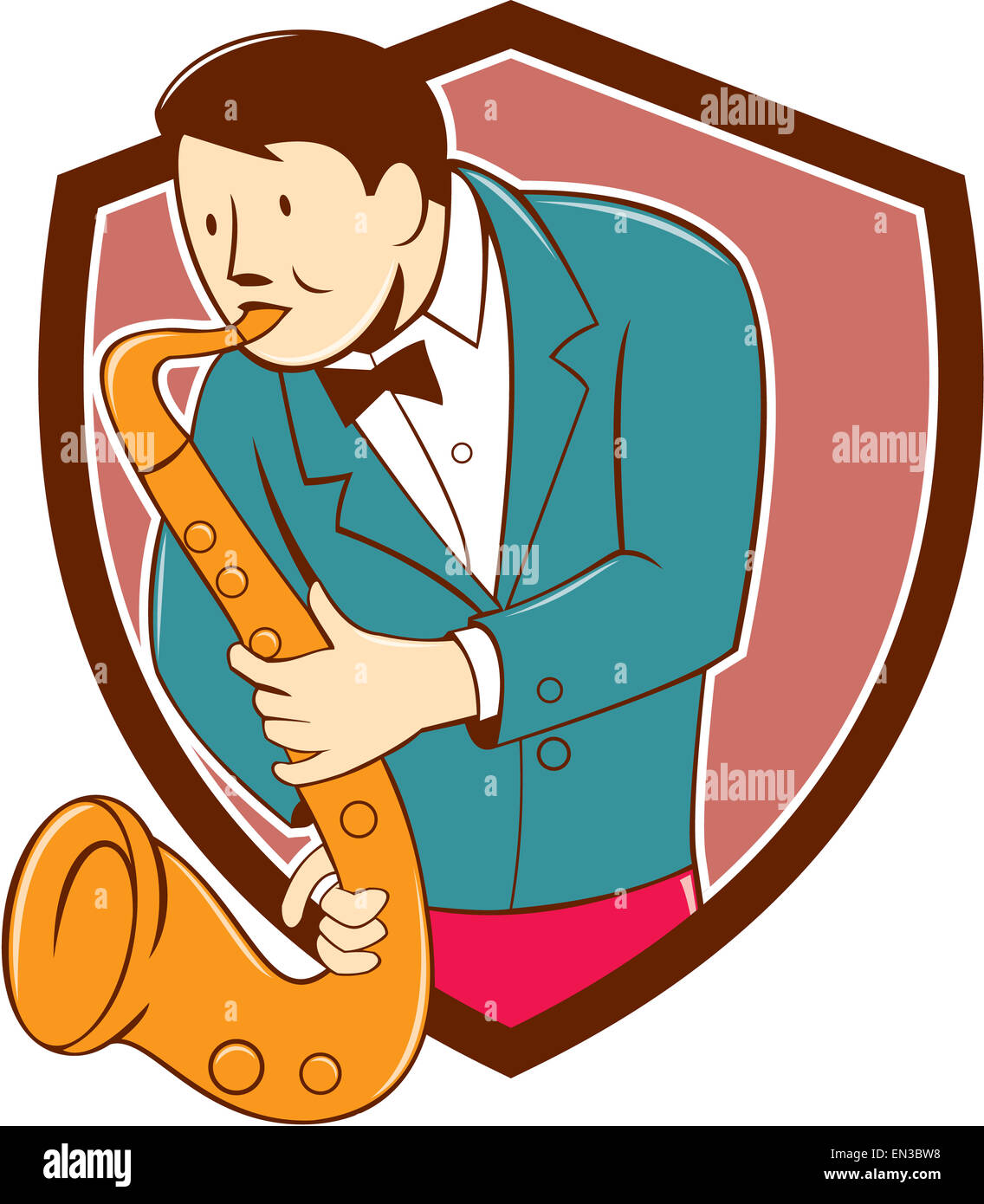 Cartoon-Stil Abbildung eines Musikers Saxophon von vorne auf isolierte Hintergrund im Inneren Schild Wappen betrachtet. Stockfoto