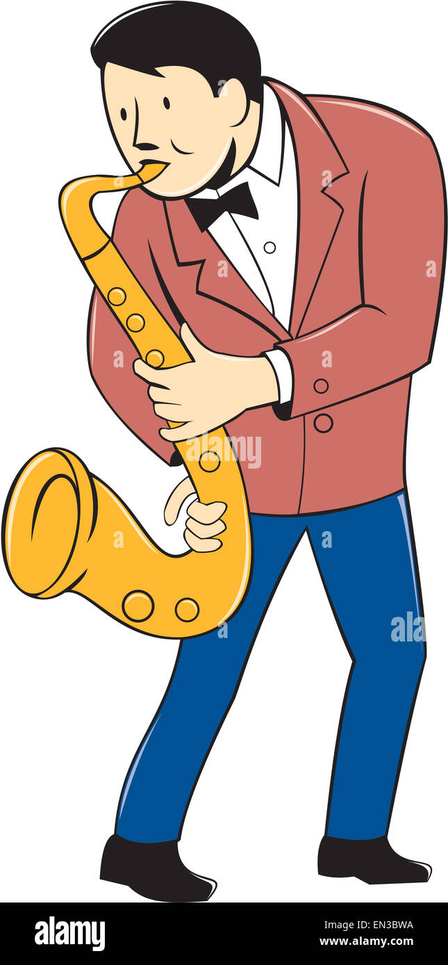 Abbildung der Musiker stehen spielen Saxophon von vorne auf isolierten weißen Hintergrund getan im Cartoon-Stil angezeigt. Stockfoto