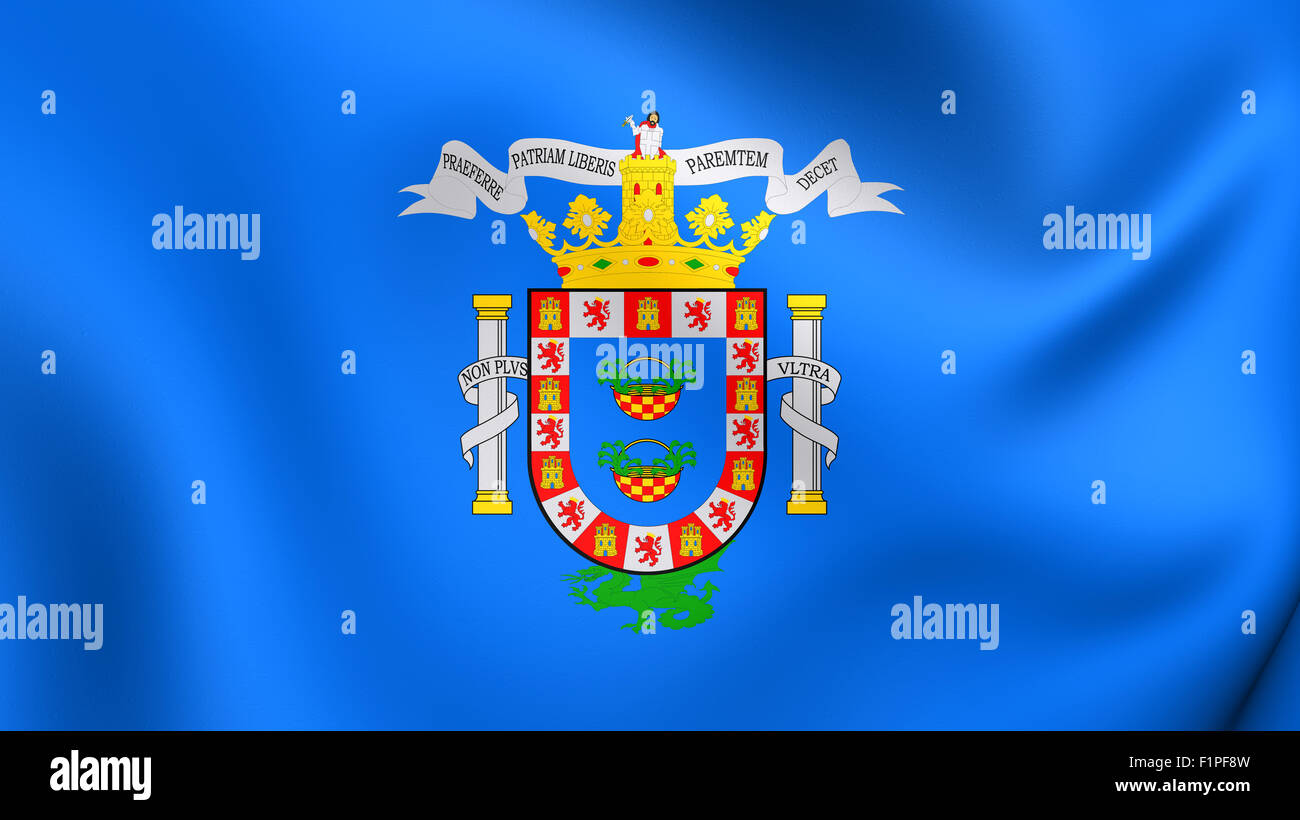 3D Flagge von Melilla, Spanien. Hautnah. Stockfoto