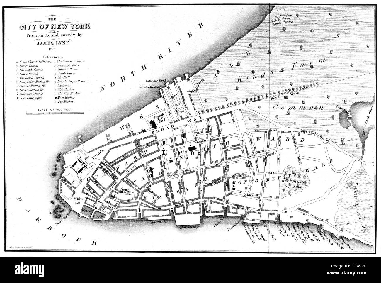 NEW YORK STADTPLAN, 1728. /nEngraving, nach einer Umfrage von James Lyne, 1728. Stockfoto