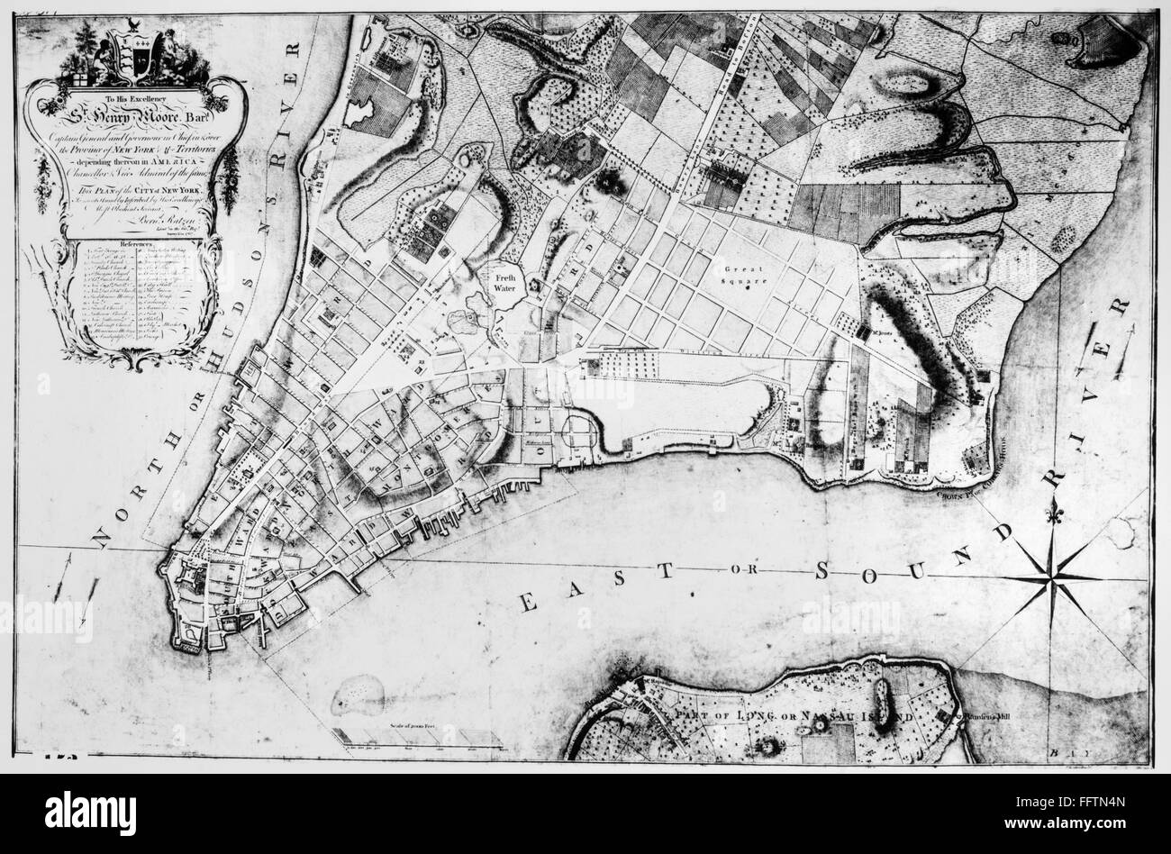 NEW YORK: KARTE, 1767. /nPlan von der Stadt New York, im Jahr 1767 von Bernard Ratzer vermessen und eingeschrieben von Ratzer, Henry Moore. Die Karte zeigt auch einen kleinen Teil des "Long oder Nassau-Insel" Gegenwart Brooklyn. Stockfoto