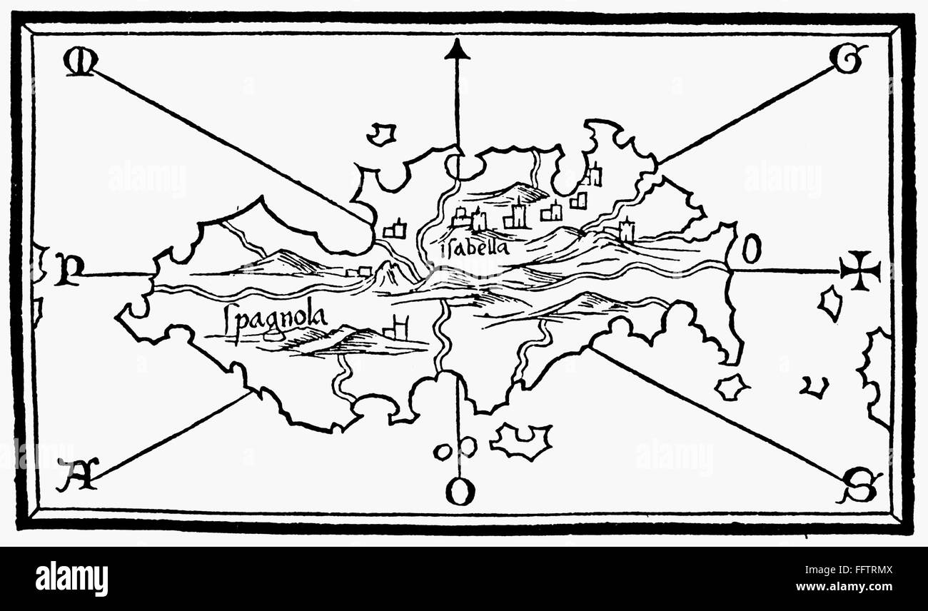 KARTE: HISPANIOLA, 1528. /nMap der Insel Hispaniola, zeigt die spanische Siedlung La Isabella an der Nordküste. Holzschnitt aus Benedetto Bordones "iSolar," Venedig, 1528. Stockfoto