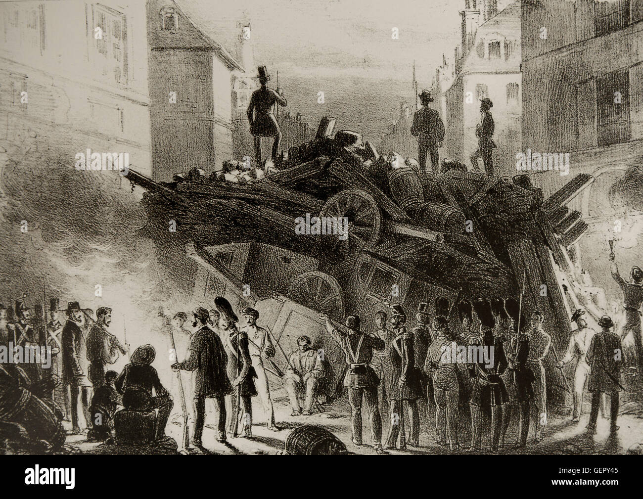 Februar Revolution Frankreich 1848. Barrikade Februar 22, 24. Stockfoto