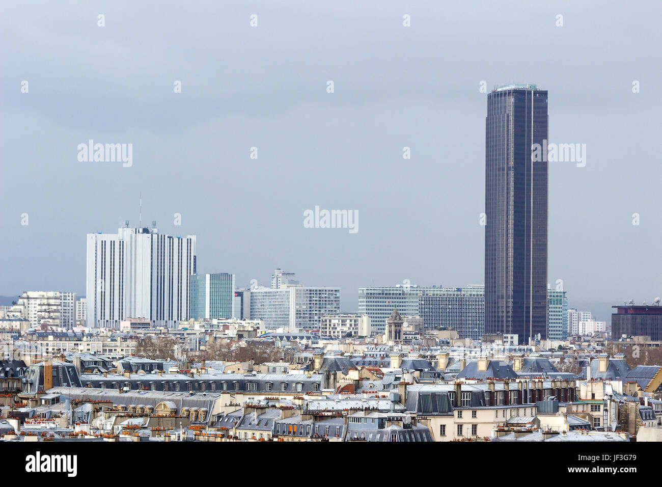 PARIS - FEBRUAR 2014; Der Montparnasse-Turm von der Notre Dame Kathedrale. Stockfoto