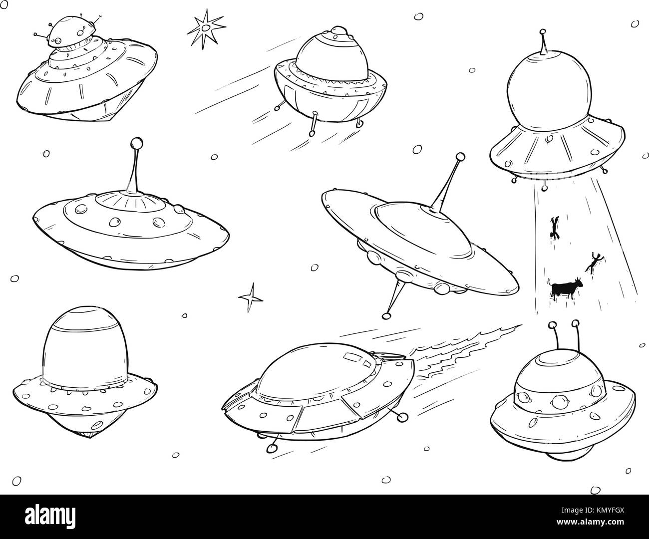 Eingestellt von Cartoon Vektor doodle Zeichnung von Ufo alien Raumschiffen. Stock Vektor