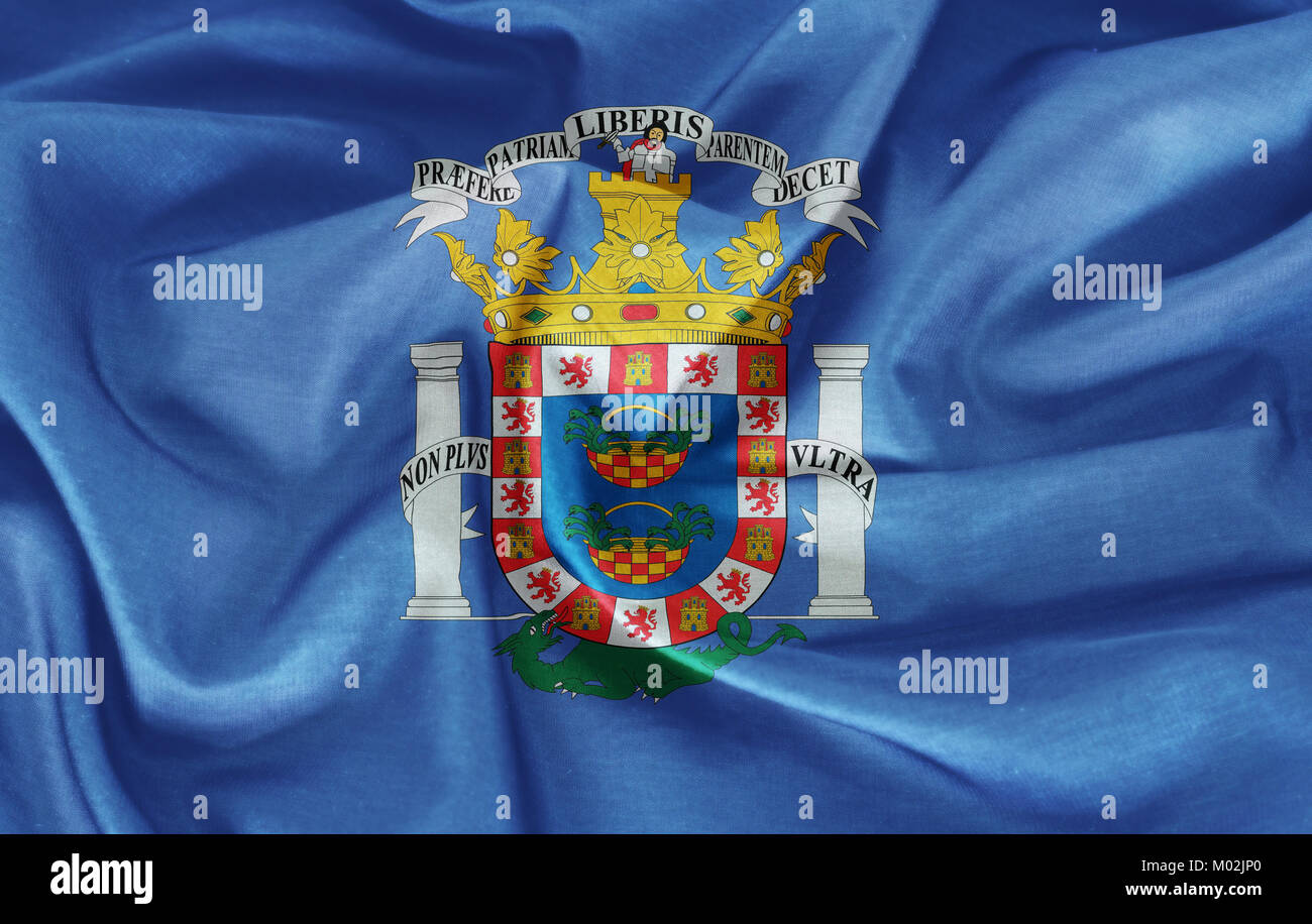 Melilla Flagge auf dem Stoff Textur Hintergrund Stockfoto