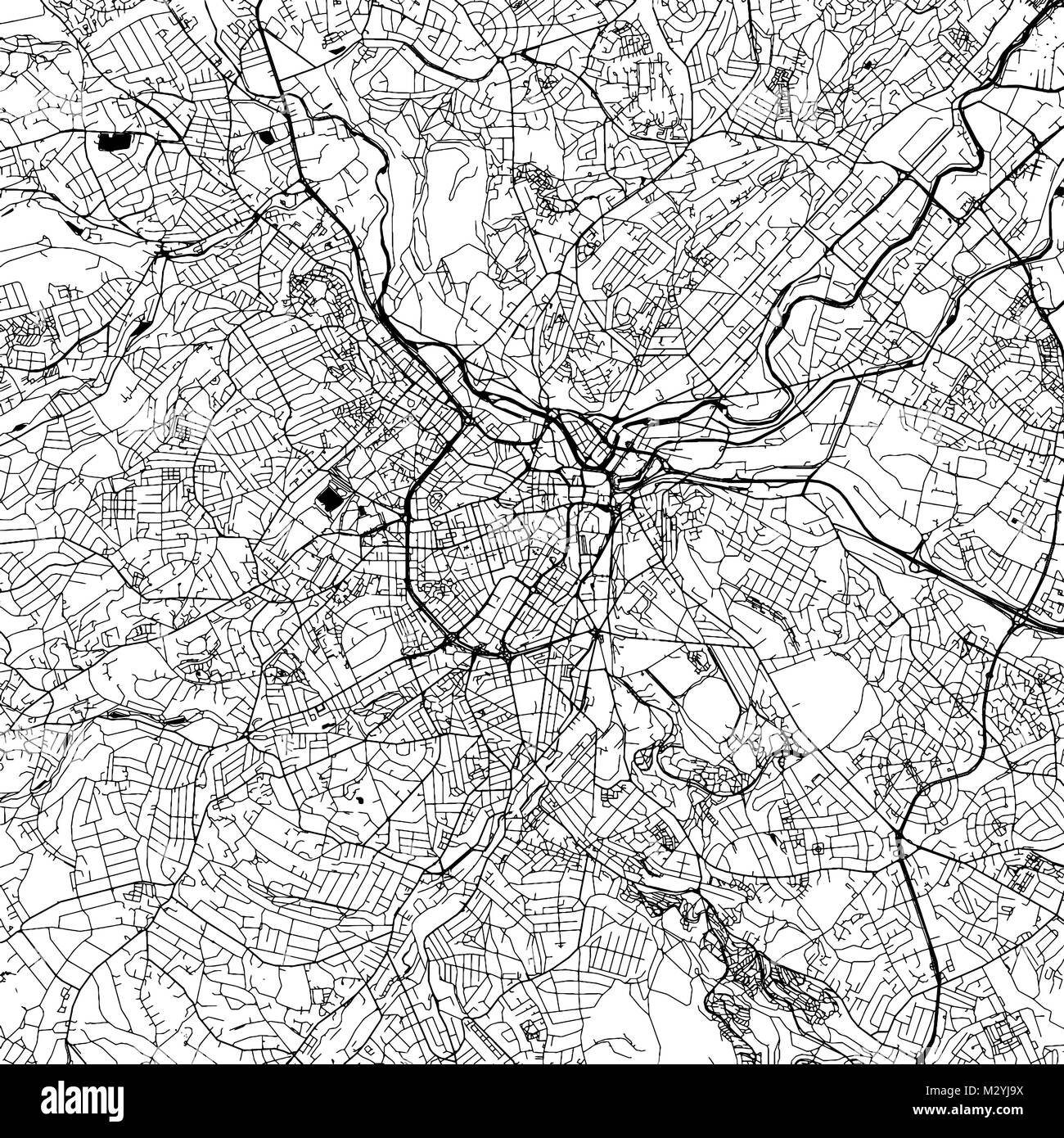 Sheffield Downtown Vektorkarte Monochrome Kunstdruck, Outline Version für Infografik Hintergrund, schwarze Straßen und Wasserstraßen Stock Vektor