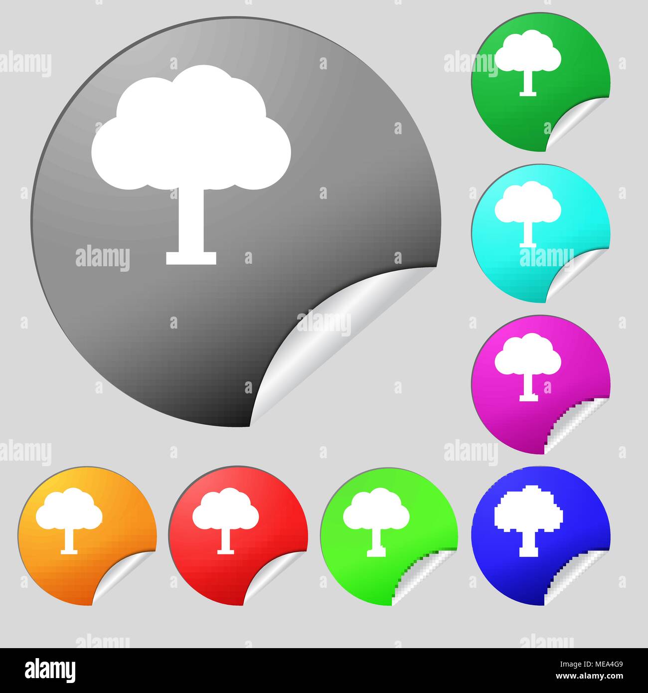 Baum, Wald Symbol unterzeichnen. Satz von acht bunte runde Buttons, Aufkleber. Vector Illustration Stock Vektor