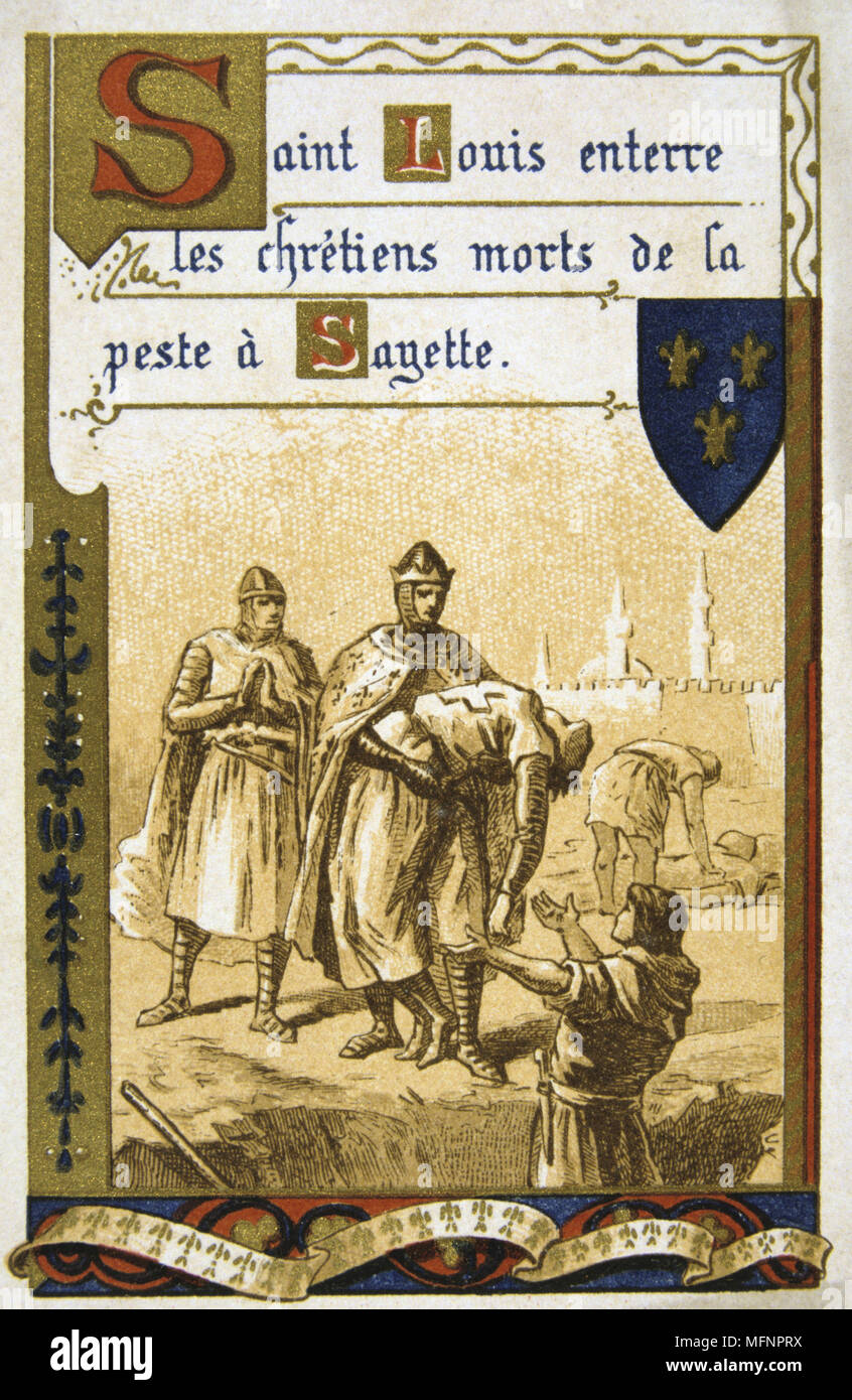 Ludwig IX. von Frankreich (Saint Louis 1214-1270). Louis begräbt Opfer der Pest an Sayette während der Kreuzzüge. Louis ging auf zwei Kreuzzüge, 1248 und 1270, sterben von Pest oder Ruhr in Tunis. 19. Jahrhundert Handel Karte Lithographie Stockfoto