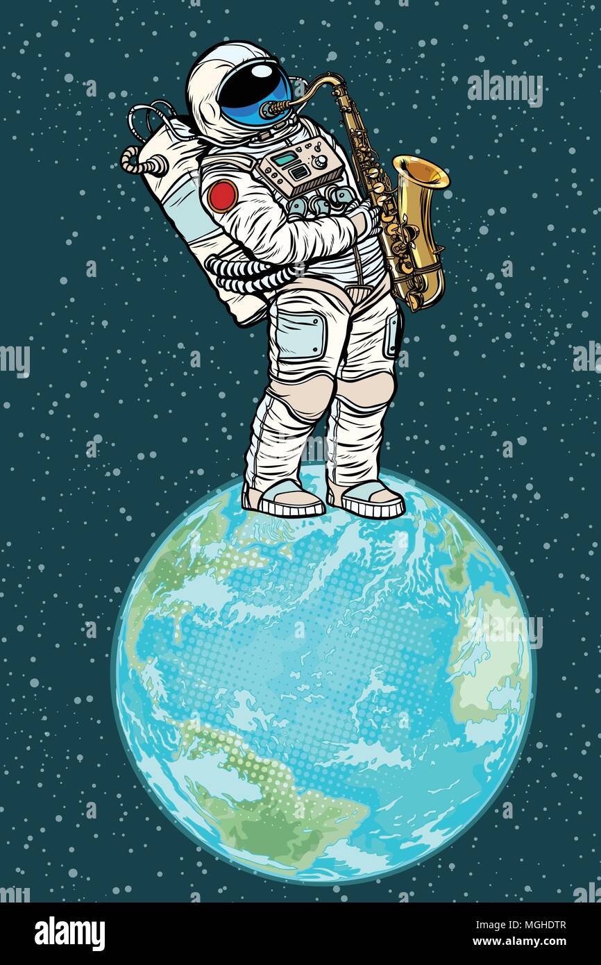 Astronaut spielt Saxophon auf dem Planeten Erde Stock Vektor