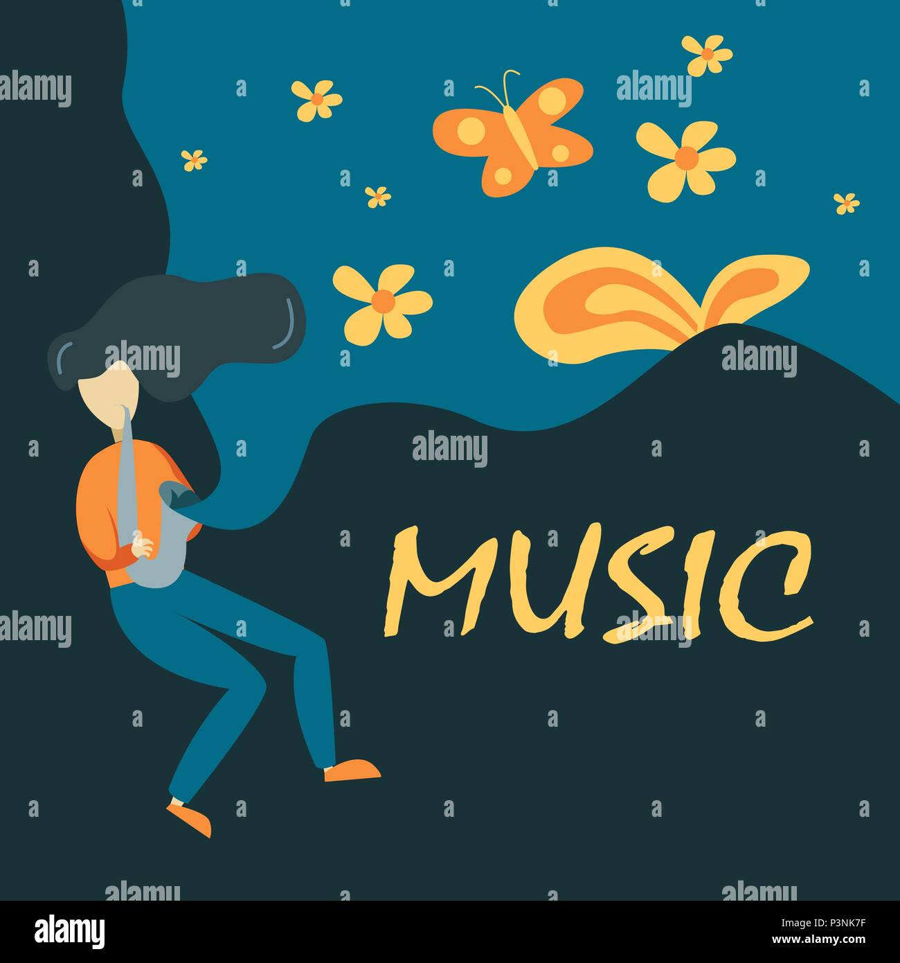 Saxophonist Vector Illustration in primitiven Cartoon kindlichen Stil isoliert auf Floral Background Stock Vektor