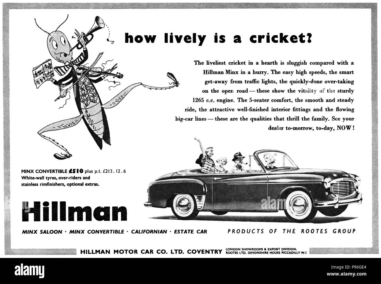 1954 britischen Werbung für Hillman Minx Convertible. Stockfoto