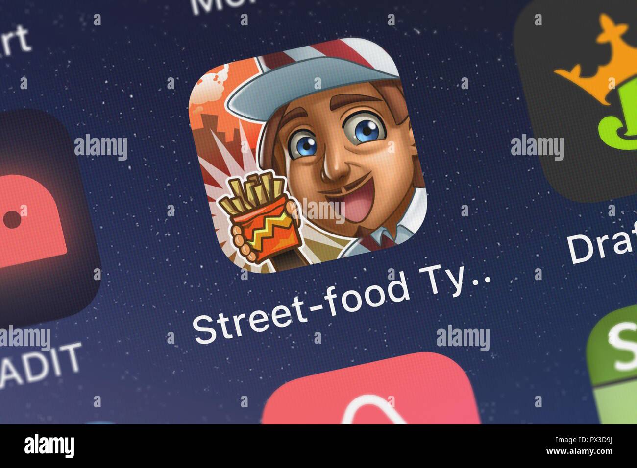 London, Großbritannien, 19. Oktober 2018: Screenshot von AppForge Inc. mobile App Street Food Tycoon Koch Fieber: Welt Cook-ing Star. Stockfoto