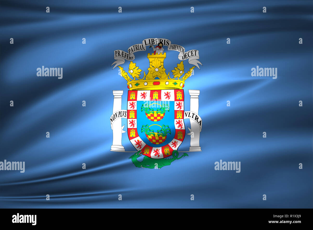 Melilla 3D wehende Flagge Abbildung. Textur kann als Hintergrund verwendet werden. Stockfoto