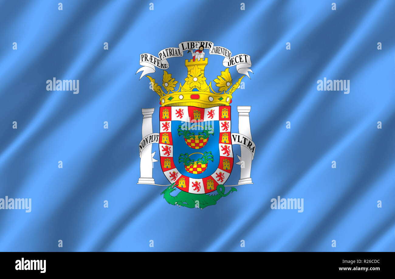 Melilla 3D wehende Flagge Abbildung. Textur kann als Hintergrund verwendet werden. Stockfoto