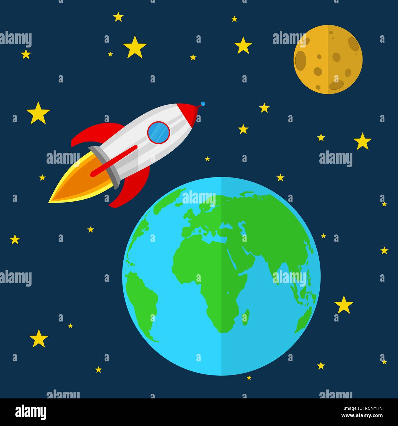 Rakete fliegt durch im Raum. Vector Illustration. Raumschiff, Erde und Mond Stock Vektor