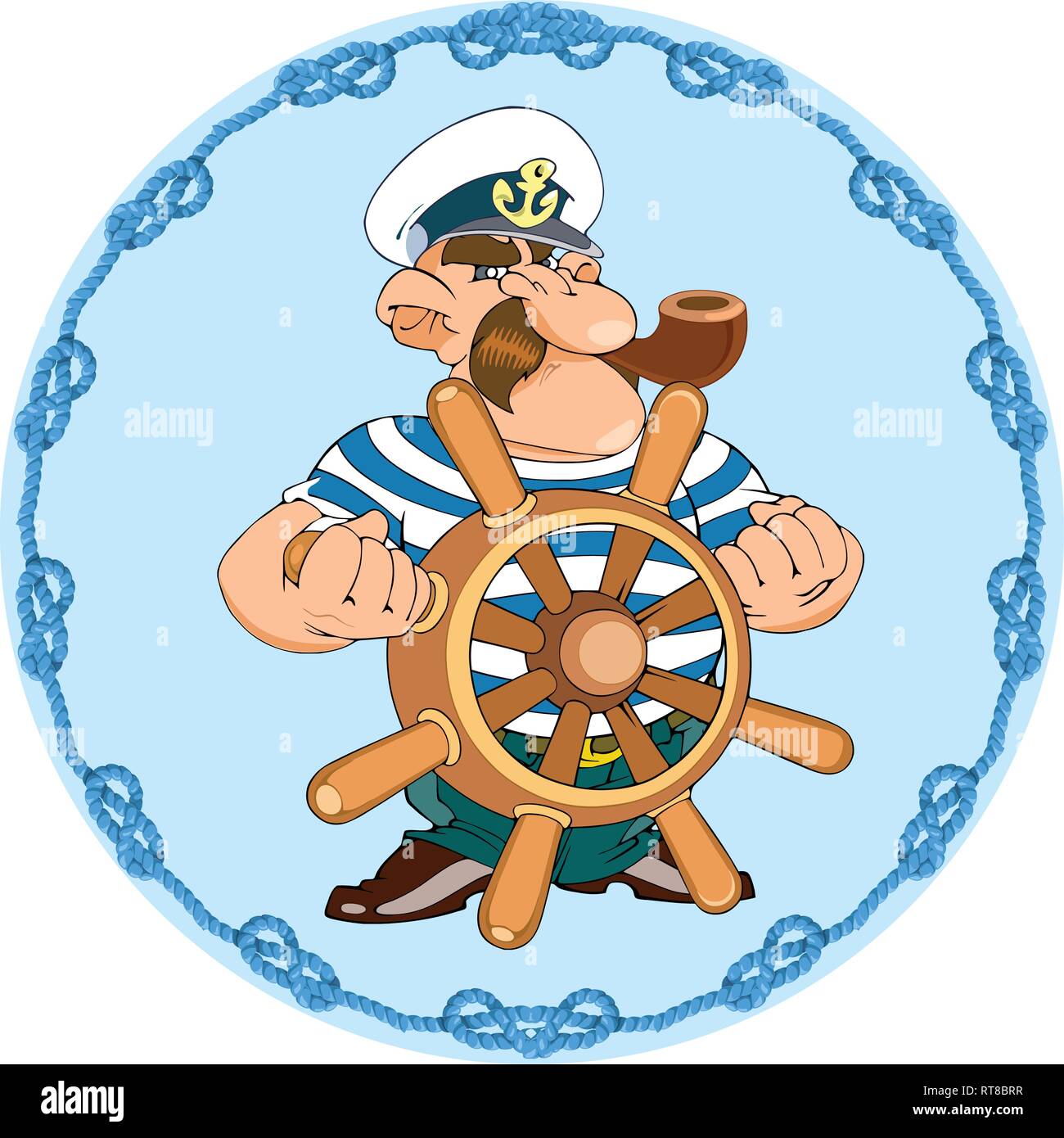 In Vector Illustration, ein Cartoon Kapitän mit einem Rohr steht an der Spitze des Schiffes. Stock Vektor