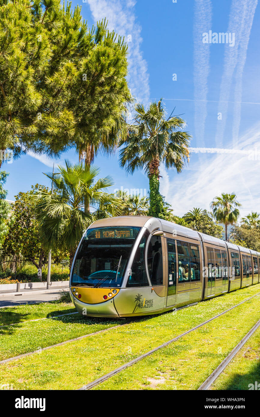 Eine Straßenbahn in Nizza, Alpes Maritimes, Cote d'Azur, Côte d'Azur, Provence, Frankreich, Mittelmeer, Europa Stockfoto