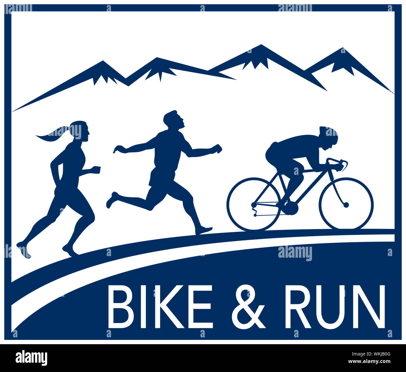 Illustration einer Silhouette des Marathon-Läufer und Radfahrer mit Bergen und Worte Bike Rennen und laufen im Retro-Stil Stockfoto