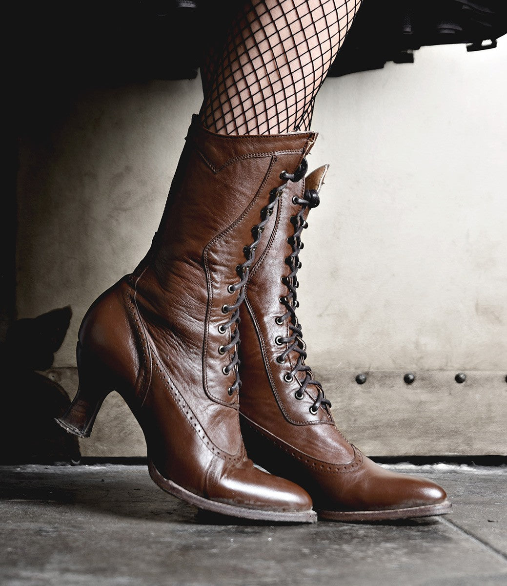 Victorian Clothing, Costumes & 1800s Fashion Modern Victorian Lace Up Leather Boots in Cognac $255.00 AT vintagedancer.com