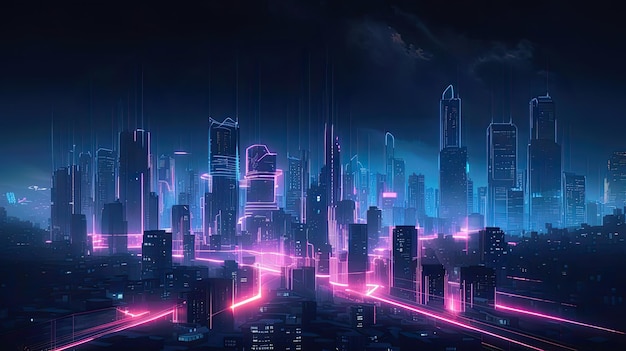 Premium Photo | A dark city with neon lights and a purple cityscape.