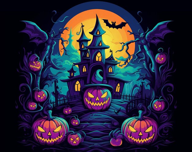 Premium AI Image | Halloween neon background with pumpkins witch castle ...