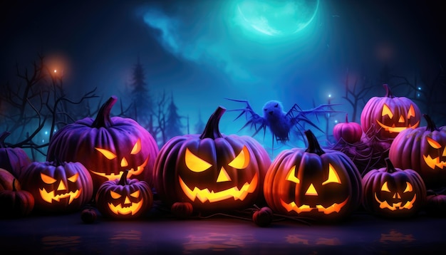 Premium AI Image | Halloween neon lights background with pumpkins