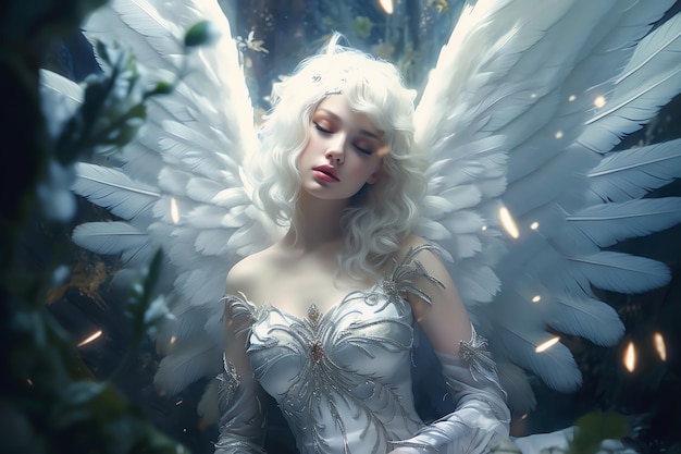 Premium AI Image | A woman with white angel wings is laying on a rock ...