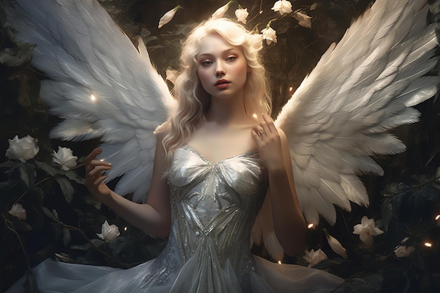 Premium Photo | A woman with white angel wings laying on a dark background