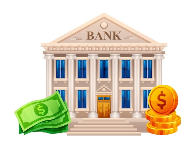 Premium Vector | Bank building with banknotes and coins illustration ...